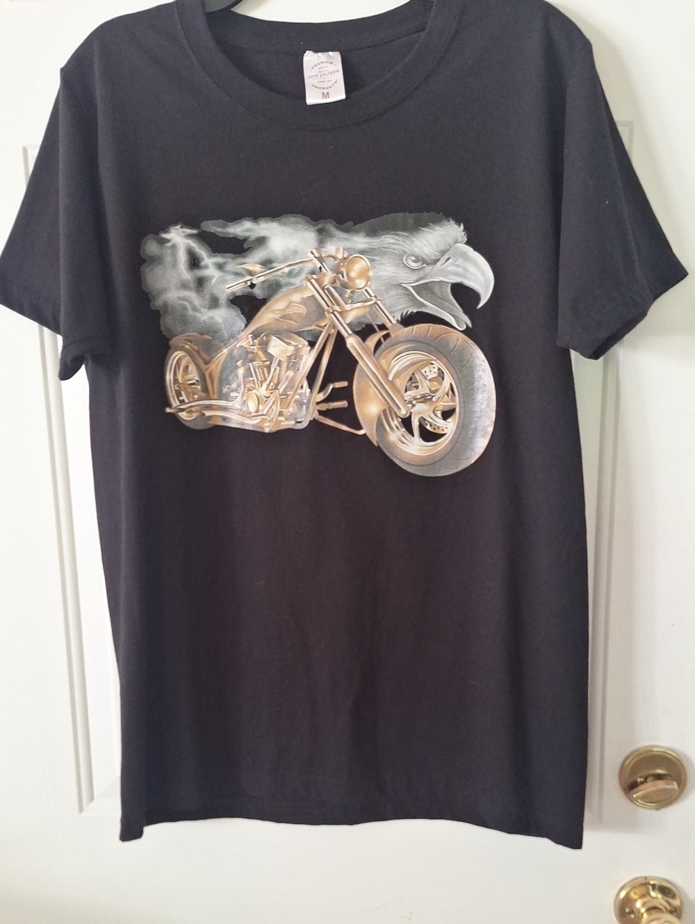 Black Short-Sleeve Graphic Tee with Motorcycle & Eagle Print